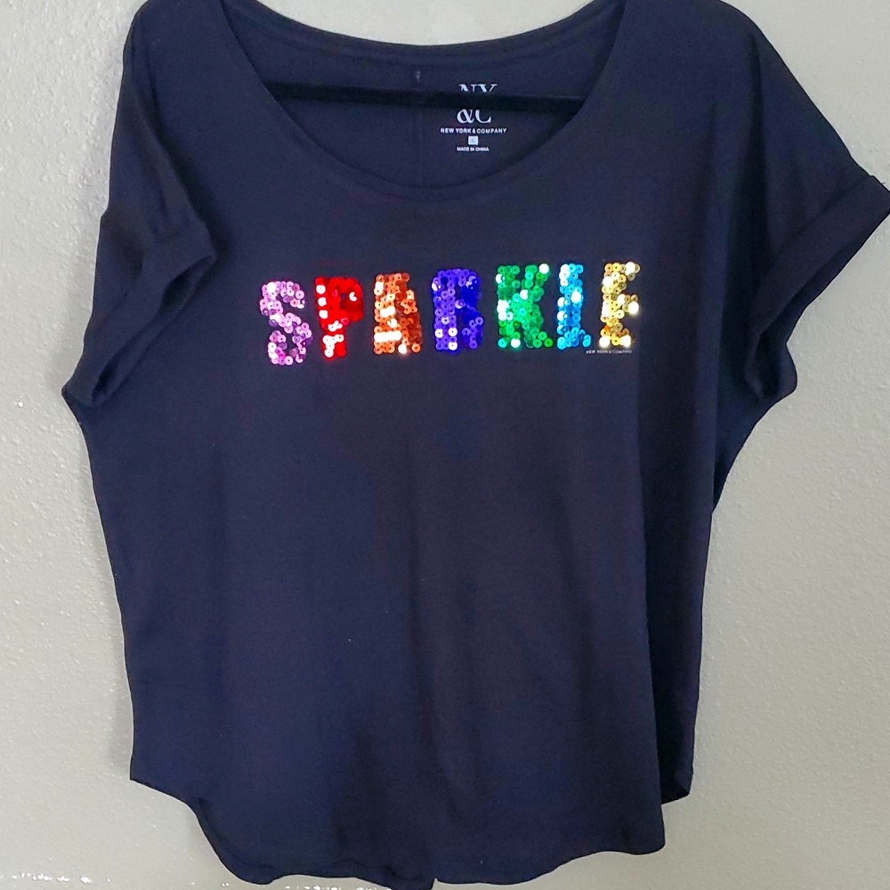 NY&CO Women's Black "Sparkle" Tshirt Size L rainbow pride